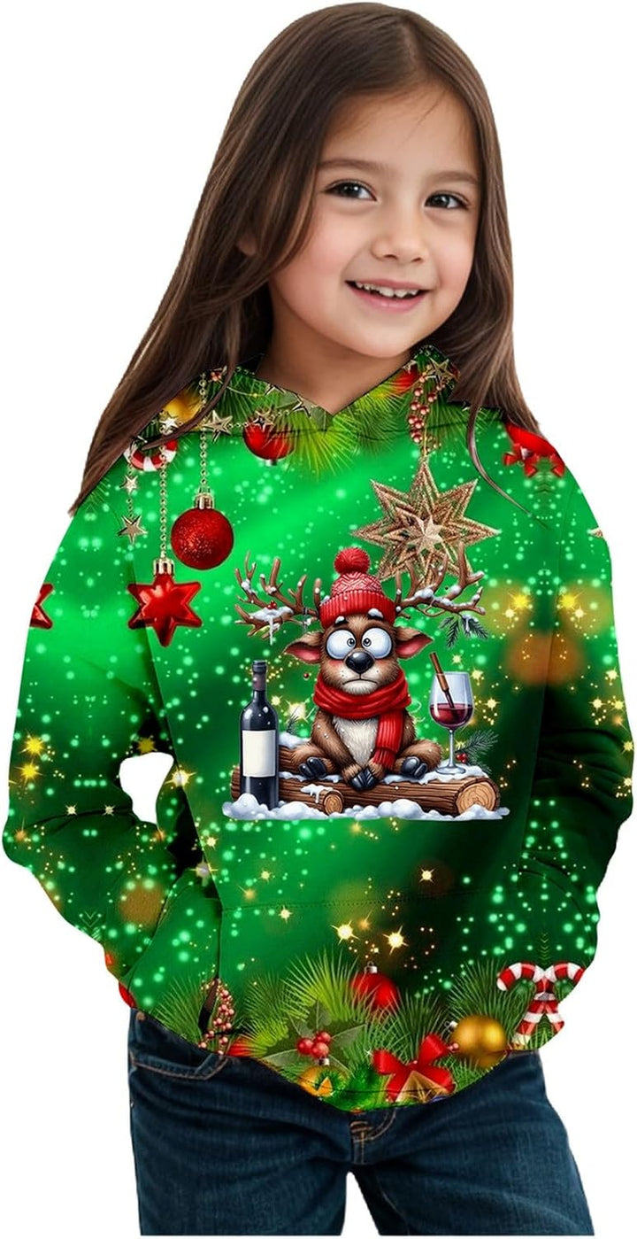 2025 Christmas Print Girls Hooded Sweatshirt Long Sleeve Pullover Top for Winter Holiday Festive Outfit Cozy Fleece Lined Soft Casual Wear