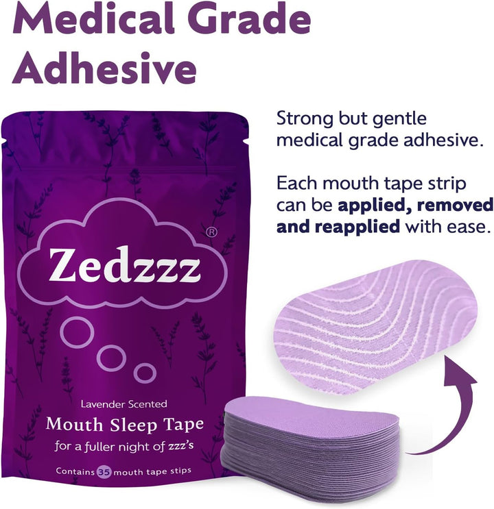 Zedzzz Lavender Scented Mouth Tape for Sleeping (35 Strips) | anti Snoring Aid for Men & Women | 5+ Weeks of Sleep Tape | Sleep Aid | anti Snoring Mouth Tape | Lavender Scented Mouth Tape for Sleeping
