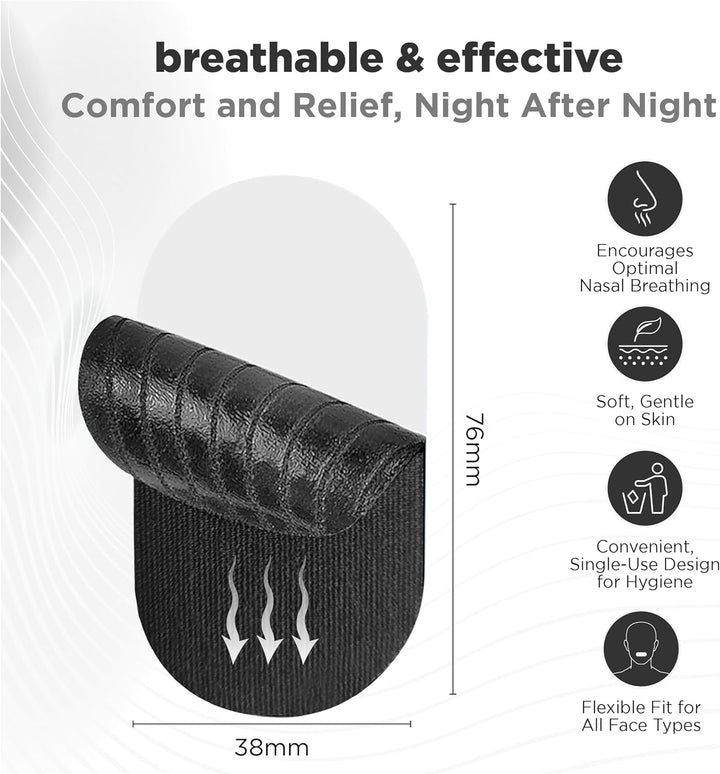 Mouth Tape for Sleeping - 31 Strips (Black) - Dermatologically Tested Snoring Aid for Men & Women, Improves Nasal Breathing, 95% Cotton, Rayon-Free, Strong yet Gentle Medical-Grade Adhesion