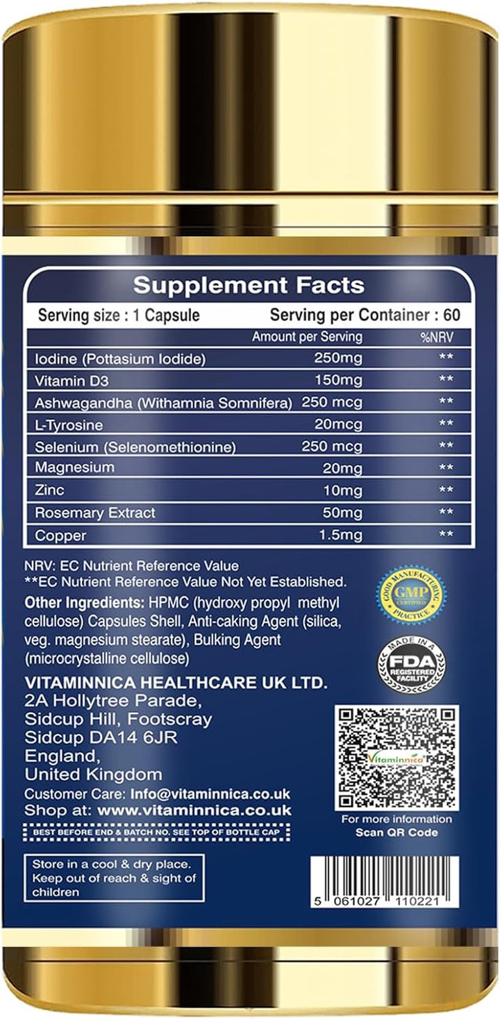 Thyroid Support- Advanced Formula for Thyroid Health - Energy & Focus Formula with Iodine, Vitamin D3 Complex, Zinc, Selenium, Ashwagandha, Copper | Vegan | 60 Capsules