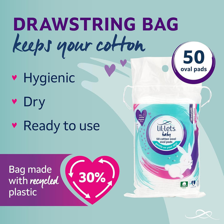 Baby Cotton Wool Oval Pads, Certified Organic, 100% Pure Cotton Wool, Soft and Absorbent, Gentle on Baby'S Delicate Skin, Dermatologically Tested, Ideal for Newborns, Pack of 50 Oval Pads