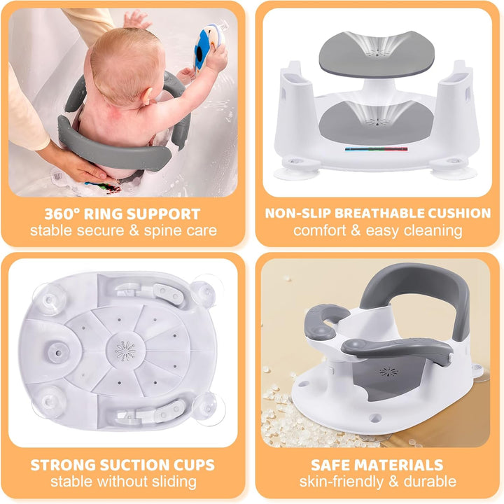 Baby Bath Seat 6 Months Plus,Sit up Bath Seat with Temperature Alert,Baby Bath Chair for Babies 6 Months+,Baby Bath Support Toddler Bath Tub Seat with Open Backrest+4 Suction Cup Grey