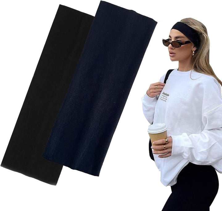 7Cm Wide Black Headbands for Women Men,  2Pack Fashion Head Bands for Women'S Hair, Soft Fabric Stretchy Hair Bands for Makeup, Yoga, Running (2Xblack)