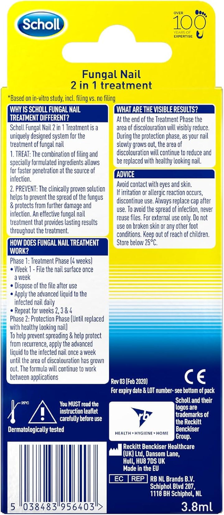 Scholl 2-In-1 Fungal Nail Treat & Prevent Kit, 3.8Ml - Treats the Infection at Source, Fast-Drying Formula, Easy to Use, Clinically Proven Antifungal Treatment for Toenails, 5 Disposable Nail Files