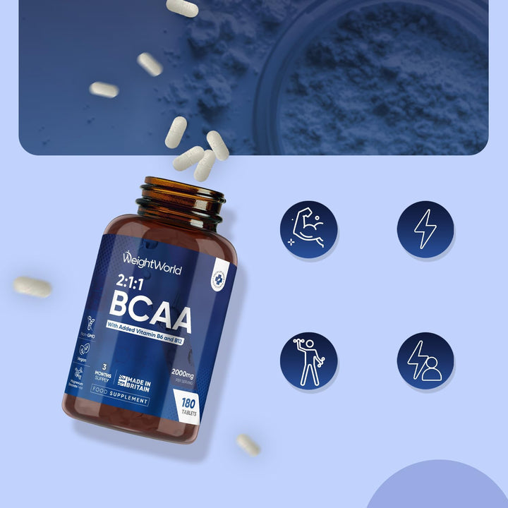 BCAA Tablets 2000Mg - 180 Tablets - with Key Amino Acids - Vitamin B6 & B12-3 Months Supply - Vegan BCAA Supplement - for Men & Women - Vegan & Non-Gmo