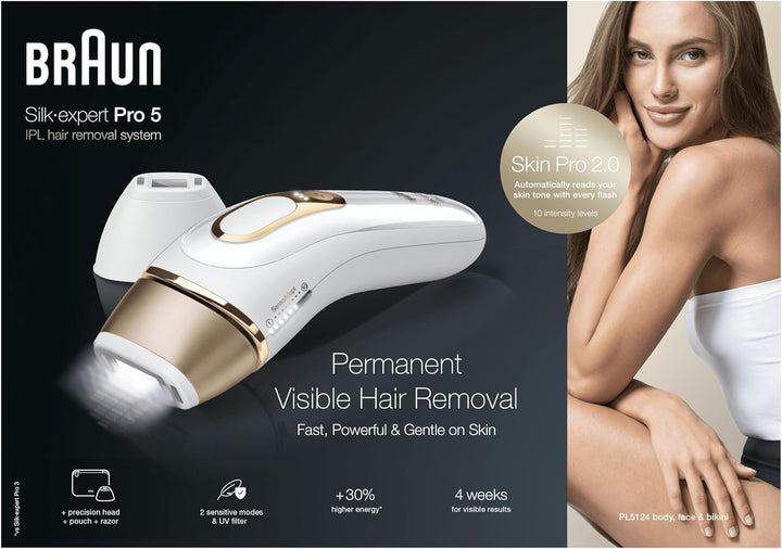 IPL Silk Expert Pro 5, Visible Permanent Hair Removal for Women & Men with Venus Razor and Precision Head, Premium Pouch, Alternative for Laser Hair Removal, PL5124, White/Gold