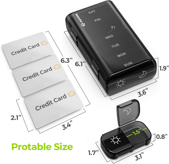 Pill Box Organiser, XL Weekly Pill Box 7 Day 2 Times a Day with One-Side Large Opening Design for Easy Filling, Tablet Organiser with Black Privacy Protection for Medication/Vitamins/Fish Oils