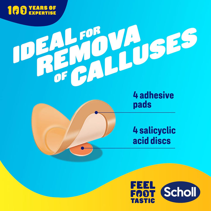 Scholl Callus Remover Pads for Feet - Targeted Action with 4 Salicylic Acid Discs and 4 Adhesive Cushion Pads for Fast & Effective Callus Removal, Soft Pads for Immediate Protection from Rubbing