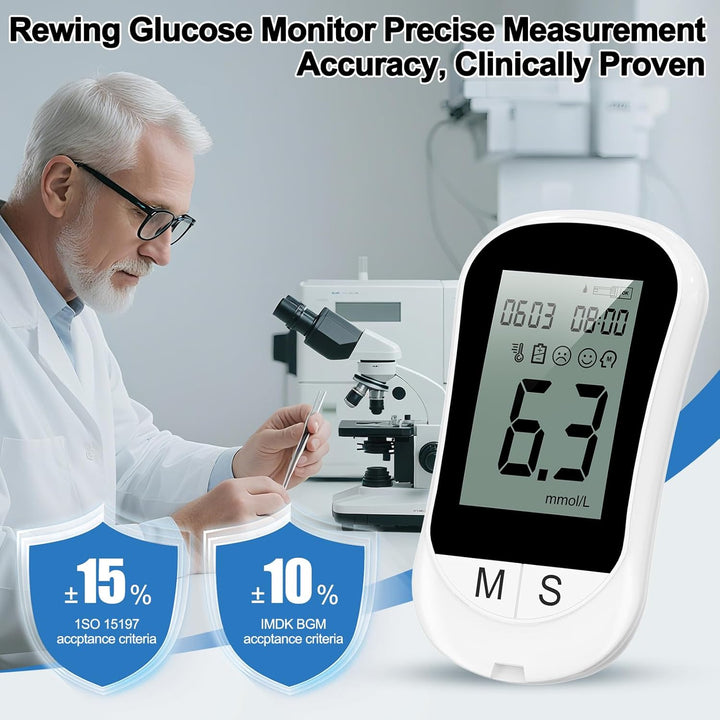 Blood Sugar Monitor Blood Sugar Test Kit with 100 Test Strips & 100 Lancets, No Coding Diabetes Testing Kit 250 Memory 5 Seconds Accurate for Diabetics Home Self-Testing-In Mmol/L