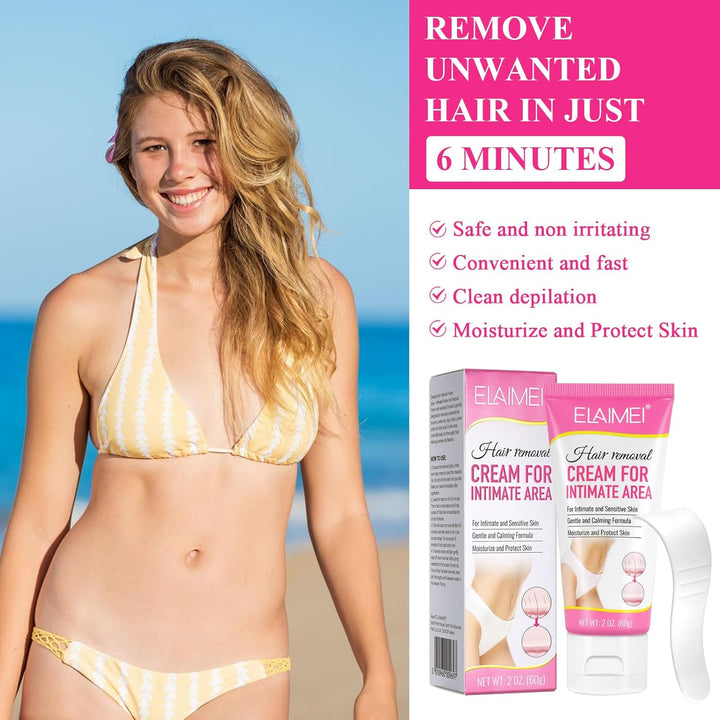 Hair Removal Cream 60G for Genitals, Painless Remover for Sensitive Skin, Pubic, Body, Private Areas and Underarms for Women and Men
