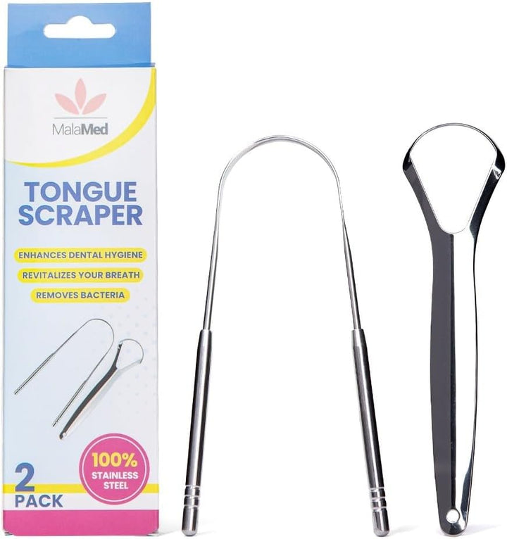 | Pack of 2 Tongue Scrapers, 1X U Shape & 1X Y Shaped 100% Stainless Steel Metal Scraper, for Oral Hygiene and Fresh Breath | Easy to Use Cleaner for Adults