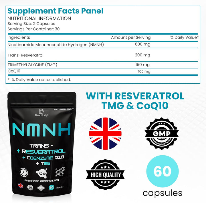 NMNH Supplement 600 Mg, with Trans Resveratrol, Coq10 and TMG, NMNH and Resveratrol Supplements Support Cellular Health and Healthy Aging. Boost Vitality and Combat Aging.