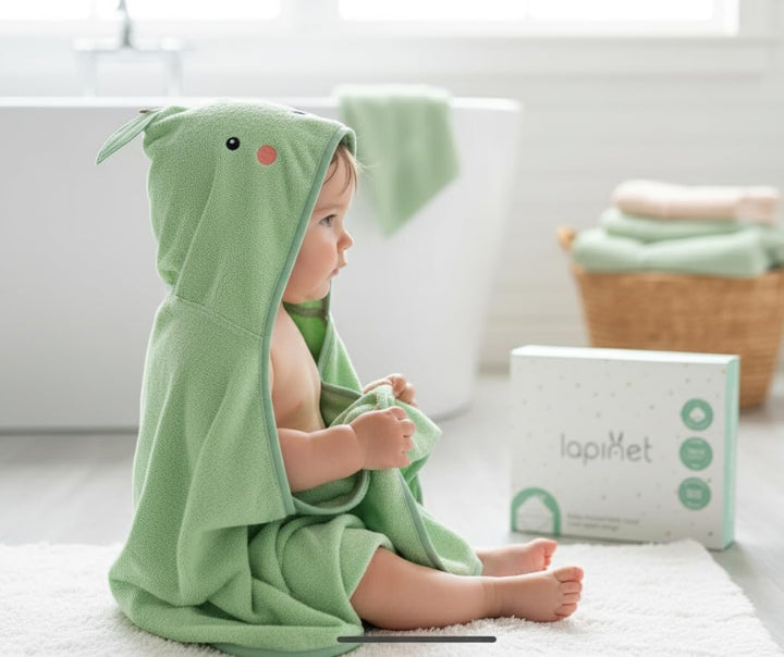 100% Organic Cotton Luxury Baby Hooded Bath Towel, Boy & Girl Gender Neutral Green Apple Fruit Design, Soft & Absorbent Infant Essential, New Parent Gift for Newborn to Toddler 75X75Cm