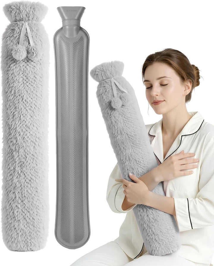 Hot Water Bottle 2L with Soft Faux Fur Cover, Leakproof Natural Rubber, Long Lasting Warmth for Neck, Back & Hands, Fluffy Cosy Design for Men & Women, Winter Comfort - Grey