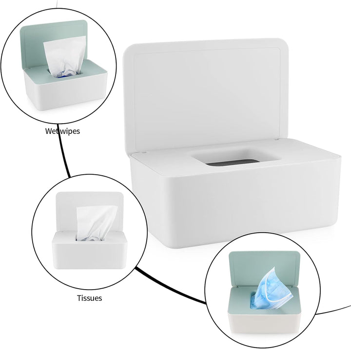2 PCS Wipes Dispenser Case Box, Baby Dry Wet Tissue Paper Holder, Storage with Lid, Keep Fresh (White + Green Cover)