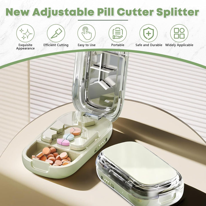 Pill Cutter, New Adjustable Pill Cutters Splitter for Small & Tiny & Large Pills, Portable 1/2 1/3 1/4 Tablet Cutter for Pills, Cutting & Storage 2-In- 1 Tablet Dispenser for Travel (Green)