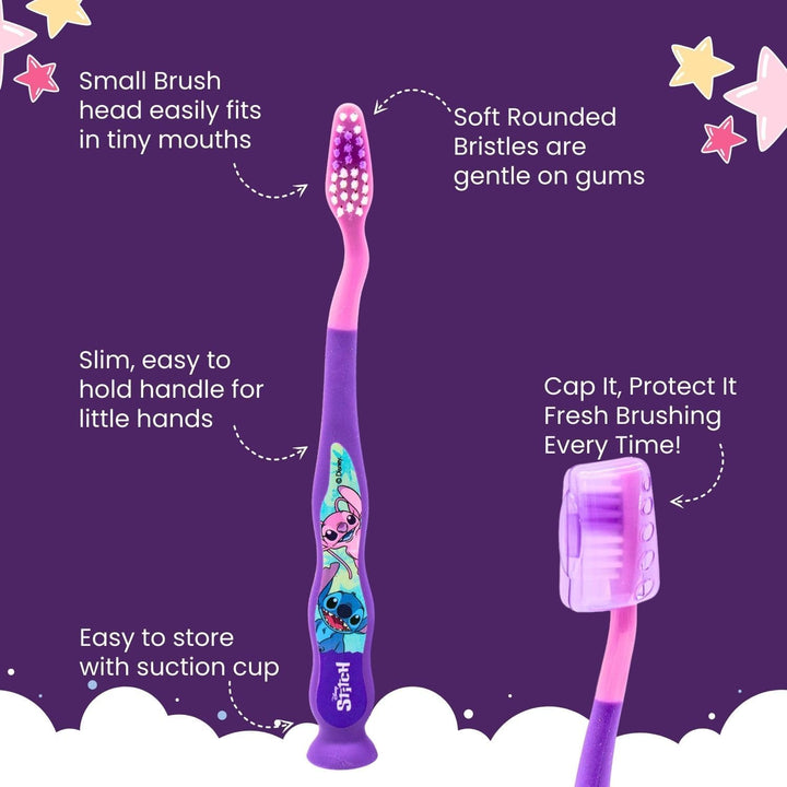 Disney Stitch Kids Toothbrush Set - Soft-Bristle Toothbrush with Suction Cup & Protective Cap, Mint-Flavoured Toothpaste, and Multi-Purpose Beaker | Travel-Ready Oral Care Kit for Children Ages 3+