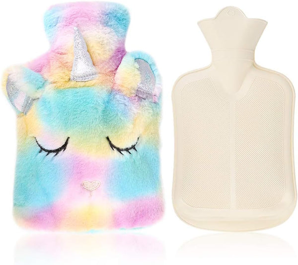 Hot Water Bottle with Cover,Removeable & Washable Soft Unicorn Bottle Cover,Natural Rubber 1 L (Yellow)