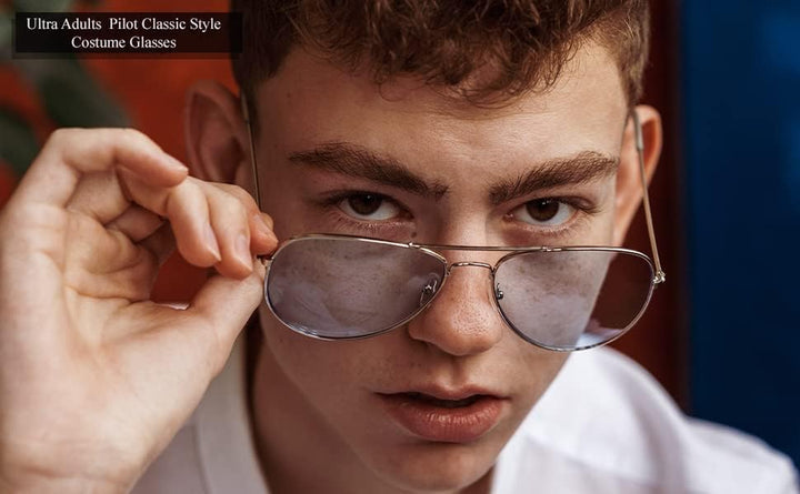Ultra Adults Silver Frame Pilot Style Costume Glasses Retro Design Glasses Transparent Clear Lens Metal Eyewear Non Prescription Classic Fake Fashion Glasses for Men Women Eyeglass Decorative Eyewear
