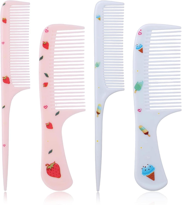4Pcs Cute Hair Comb Set, Strawberry & Ice Cream Kids Toddler Baby Comb Fine Tooth & Rat Tail Combs Small Tiny Mini Miniature Plastic Hair Brush for Women Girls Kids All Types