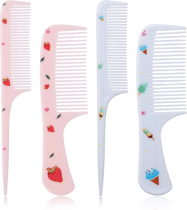 4Pcs Cute Hair Comb Set, Strawberry & Ice Cream Kids Toddler Baby Comb Fine Tooth & Rat Tail Combs Small Tiny Mini Miniature Plastic Hair Brush for Women Girls Kids All Types