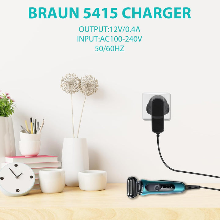12V for Braun Shaver Charger Cable Series 3, 5, 9, 7, 1 Beard Trimmer and Epilator Silk-Epil 9, 7, 5, Electric Razor 3 Pin Charging Cable UK Plug for 5544, 3040S, 5409, 7220, 5377