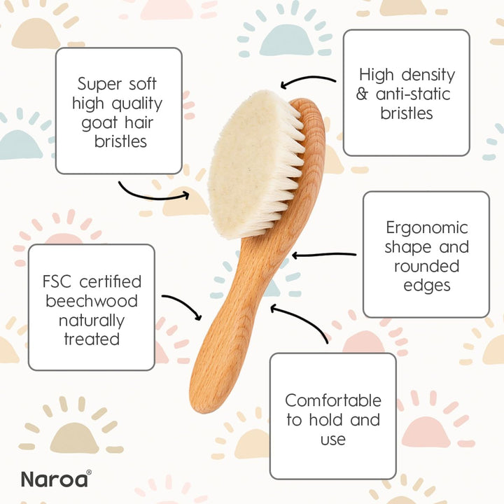 ® Natural Baby Hair Brush Soft | Safe Wooden Handle & Smooth Goat Bristles for Newborns Toddlers | Maintain Scalp Health, Prevent Cradle Cap | Girl Boy Gift Registry