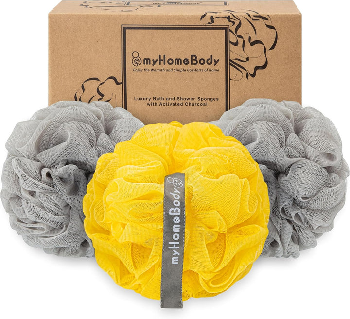 Large 70G Loofah Sponge, Bath Body Scrubber for Women, Men, Exfoliating Shower Pouf with Activated Charcoal - 2 Graphite Gray + 1 Sage Green, 3 Pack