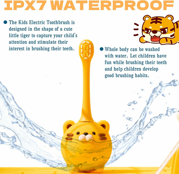 Snoic Rechargeable Kids Electrical Toothbrush with Cup, Smart Powerful Cute Tiger Girls Boys Toothbrushes with 2-Min Timer 3 Modes for 2-10Y Children Birthday Gifts