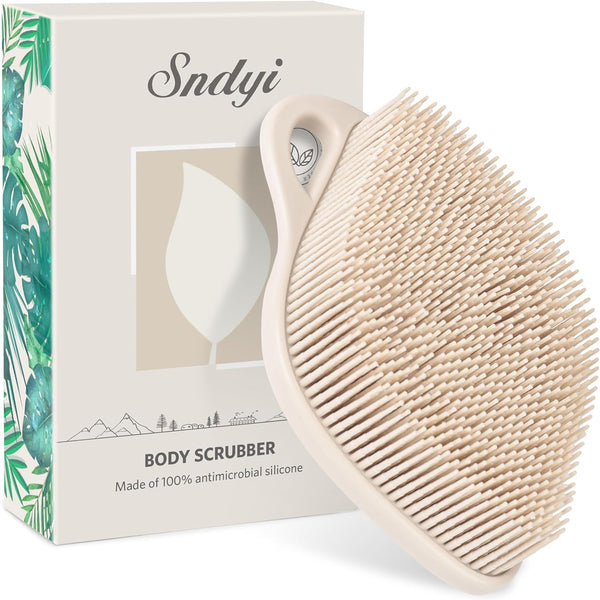 Silicone Body Scrubber, Gentle Exfoliating Shower Scrubber for Sensitive Skin, Leaf Shaped Silicone Loofah Body Brush with Lathering Bristles, Oatmeal