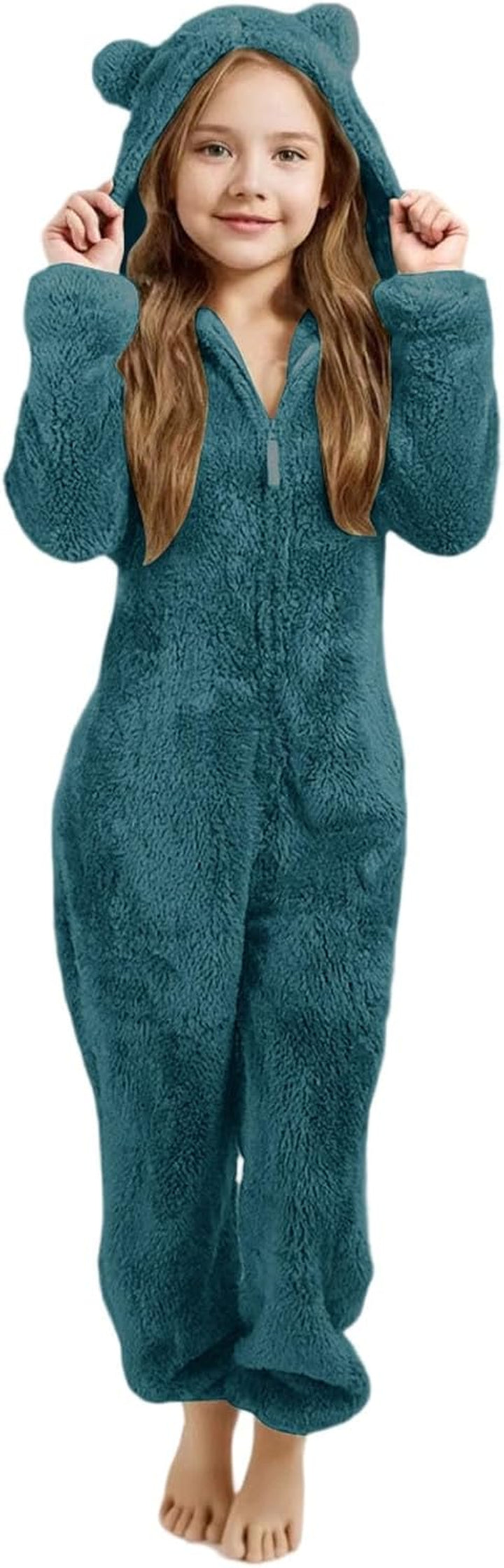 Girls Fleece Hooded Romper Jumpsuit with Ears Soft Warm Winter Pajamas Play Costume for Toddler Kids
