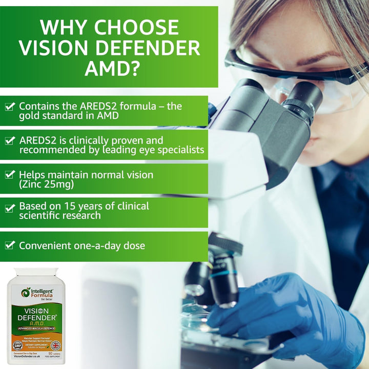 AREDS2 VISION DEFENDER AMD Supplement: Lutein, Zeaxanthin, Zinc, Vitamin E – AREDS 2 Eye Vitamins, Minerals, Nutrients for Eyes. 3 Months Supply (90 Tablets) One-A-Day Vegan Eye Supplement. Made in UK