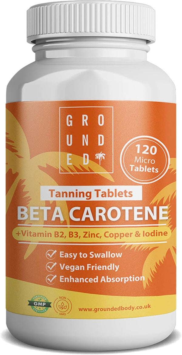 Grounded Beta Carotene Tanning Tablets | 120 Tablets, 4 Month Supply | with Zinc, Vitamin A, B2, B3, Copper & Iodine | High Strength Antioxidant Support | Vegan-Friendly & Made in the UK