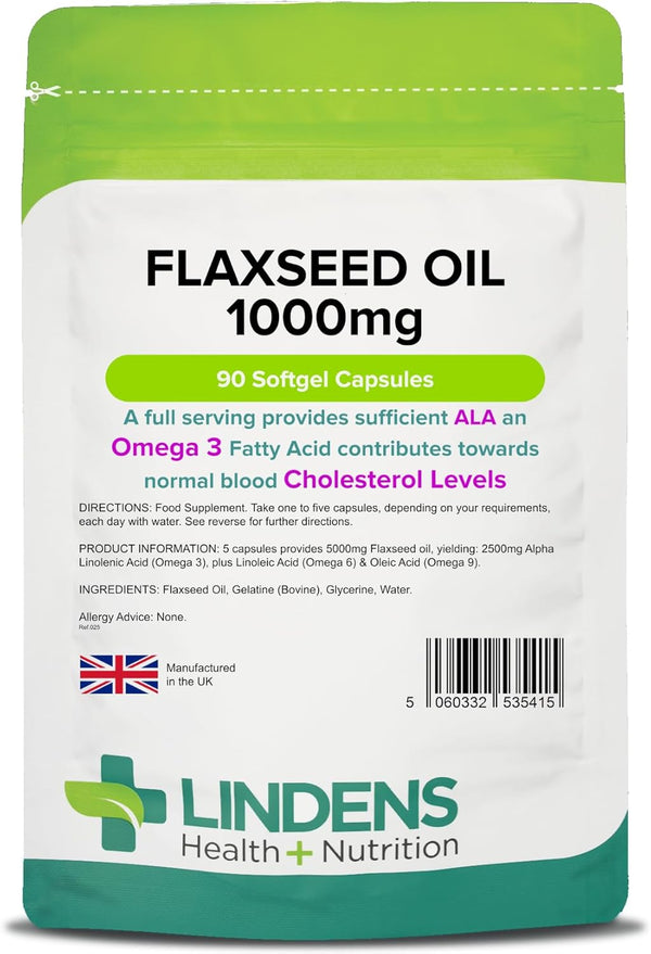 - Flaxseed Oil 1000Mg - 90 Capsules - UK Made - Source of Omega 3 6 9, High in Alpha Linoleic Acid (ALA), Maintenance of Normal Blood Cholesterol Level, Fish Oil Alternative,Letterbox Friendly