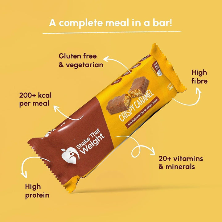 Crispy Caramel Meal Bars - 10 Meals, 15G Protein, Gluten-Free, Low Sugar Meal Replacement Bars for Weight Loss, High Fibre, Vegetarian