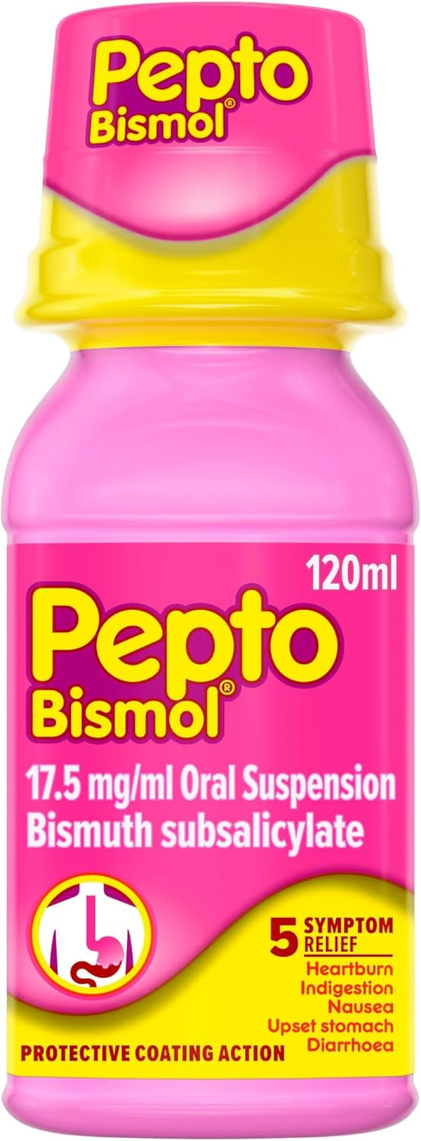 Pepto-Bismol for Nausea, Heartburn, Indigestion, Upset Stomach and Diarrhoea Relief, 5 Symptom Relief, 120Ml