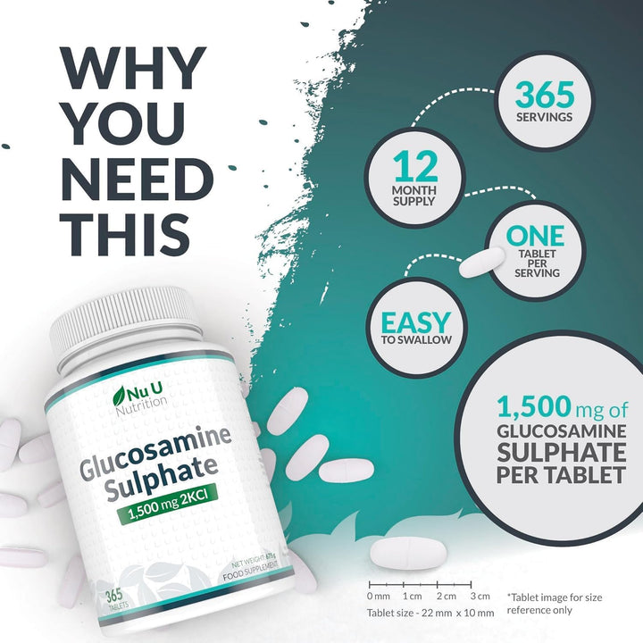 Glucosamine Sulphate 2Kcl 1500Mg - 365 Tablets - 1 Year Supply - High Strength Glucosamine Tablets - Joint Supplements for Men & Women - Made in the UK -