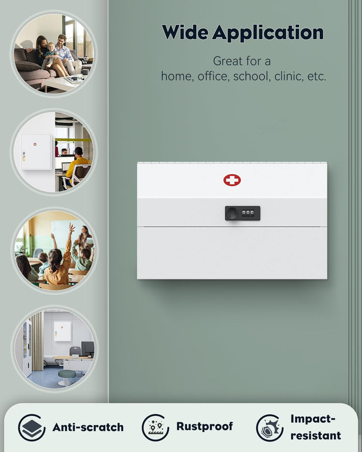 Wall Mount Medicine Cabinet with Combination Lock Locking First Aid Cabinet Lockable Medical Cabinet Small Medicine Organizer Metal Storage Box, White