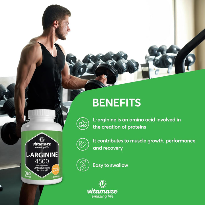 L-Arginine High Strength 4500 Mg per Daily Dosage - 360 Capsules of 750 Mg - Sport Performance Booster - Natural Supplement of Pure L Arginine without Additives, German Quality- Vitamaze