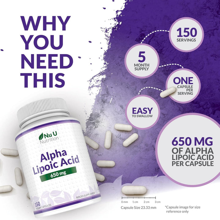 Alpha Lipoic Acid 650Mg - 150 High Strength Vegan ALA Capsules - 5 Month Supply - Amino Acid Supplement - Made in the UK -