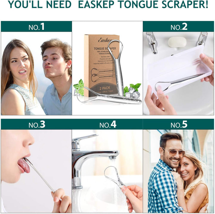 Tongue Scraper (2 Pack), Wide-Head Tongue Cleaner with Nice Carrying Box,  100% Stainless Steel Tongue Scrapers Cleaners, for Men, Women, Adults, Kids, Silver