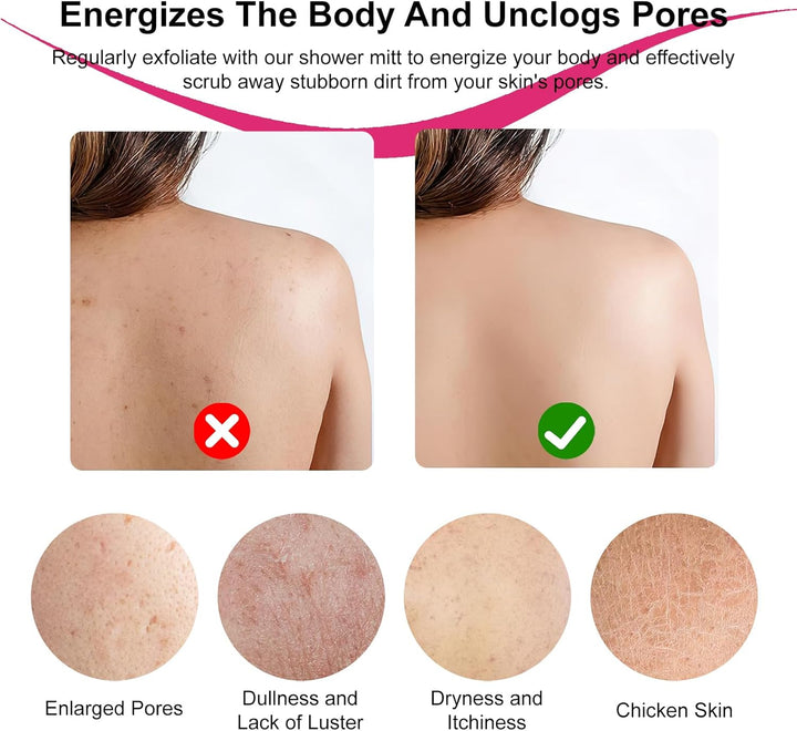 Exfoliating Gloves 6Pcs Bath and Body Exfoliator Mitts, Bamboo Shower Gloves, Scrubs Away Ingrown Hair and Dead Skin, for Shower, Spa, Massage and Dead Skin Cell Remover Loofah (Pink, Rose Red, White)