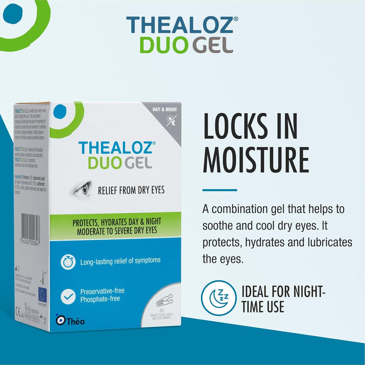 30 loz Duo Gel (Single Dose Units) Eye Drops - Longer-Lasting Relief for Dry, Tired & Sore Eyes |Ideal for Overnight Relief |Gentle, Preservative-Free Gel | 30 Single Dose Units