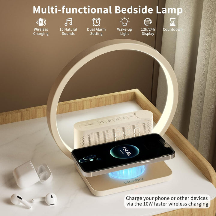 Bedside Lamp, Wake-Up Light, 10 Watt Wireless Charger, Touch Dimmable Table Lamp, Sunrise Alarm Clock, 3 Levels of Brightness, Soothing Sound, Bedroom Sleep Aid for Babies & Adults