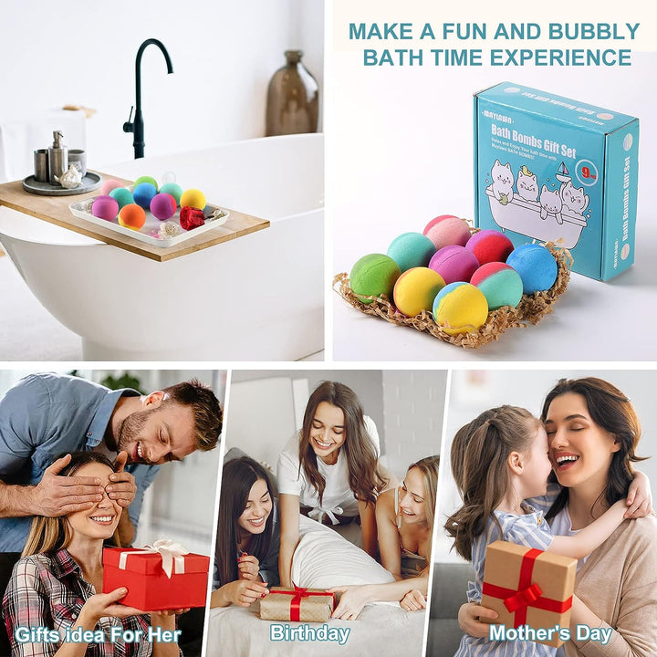 Bath Bombs Gift Set, Vegan & Cruelty Free, Ideal Present for Women, Girls, Birthday Mothers Day Gifts Idea, 9-Pieces Handmade Fizzy Bubble Bath Bombs