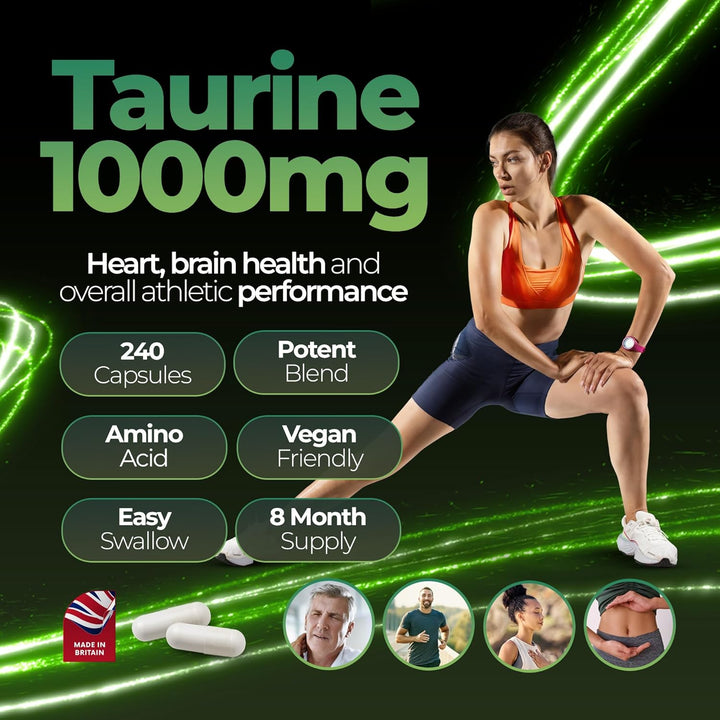 Taurine Supplement 1000Mg | Potent Energy & Endurance Support | Nutritional Amino Acid Supplements for Heart Health, Cognitive Function & Improved Sleep | Vegan | 240 Capsules