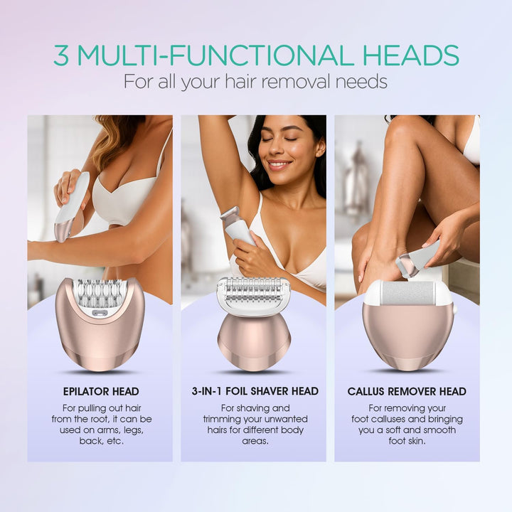 Epilator for Women Cordless & Rechargeable, Epilator Hair Removal with 30 Tweezers,3 in 1 Epilators with Electric Lady Shaver and Foot File,Hair Removal Device for Arm Leg BM300 (Champagne Gold)