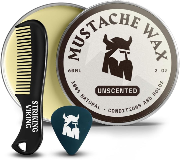 Moustache Wax and Comb Kit - 60G, Unscented - Strong Hold Moustache Wax for Men & Anti-Static Comb for Precise Grooming - Non-Greasy Formula for Easy Beard Care