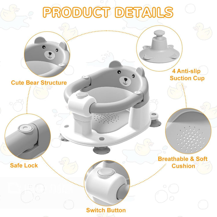 Baby Bath Seat for Babies 6 Months & Up, Toddler Bath Seats for Babies Sitting Up, Non-Slip Infant Bath Tub Chair with 4 Suction Cups & Soft Cushion for Shower (Grey)