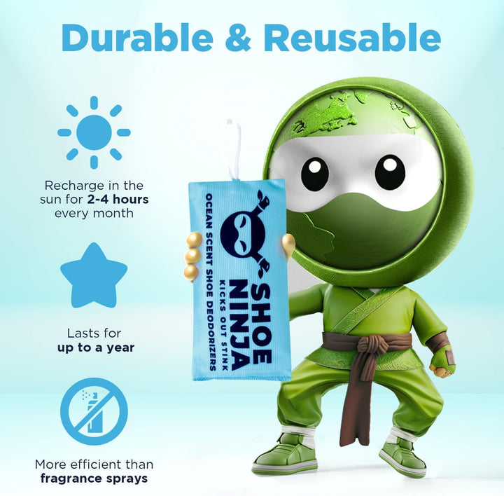 Shoe Ninja Shoe Deodorizer - Shoe Odour Eliminator with Activated Charcoal, Versatile and Reusable Deodoriser Bags for Shoes, Football Boot Deodoriser and Shoe Smell Remover, Great for Sports - 2 Pack